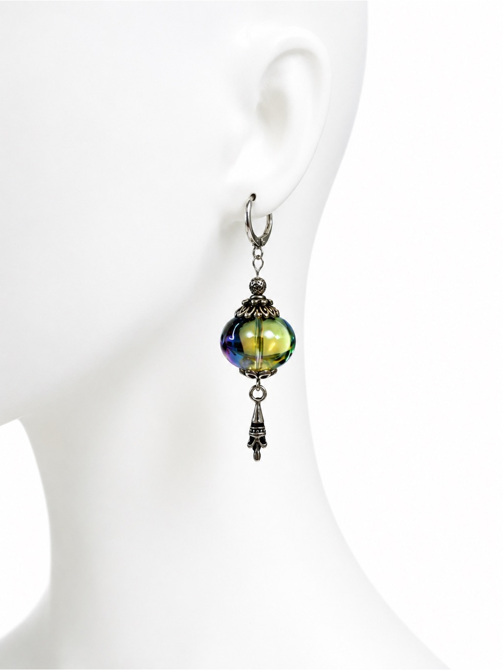 Iridescent Czech Glass Boho Earrings, Silver Dangle, MTO - Picture 5 of 11